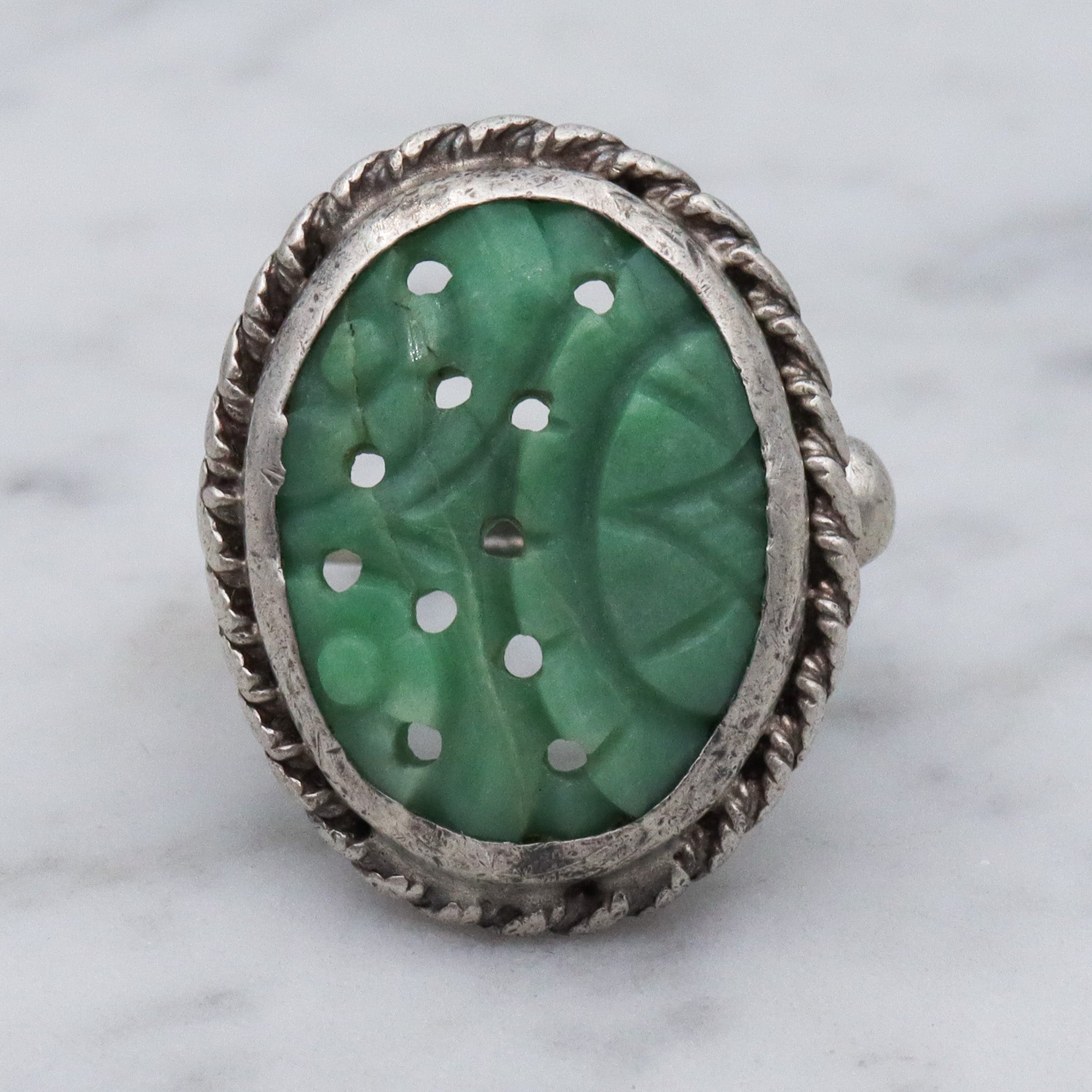 Antique Asian carved jade sterling silver ring, sz 6.75